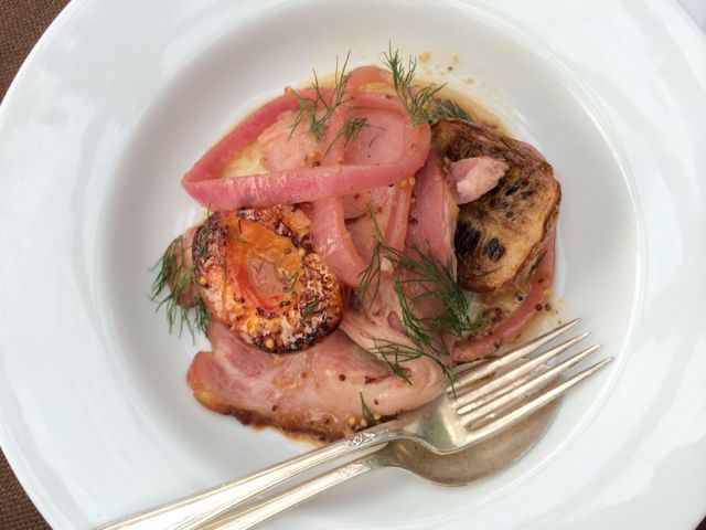 ham, grilled eggplant, pickled onions